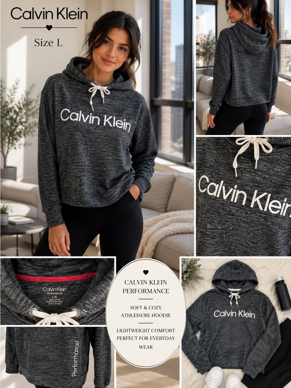 Calvin Klein Performance Charcoal Logo Hooded Sweatshirt - Picture 2 of 9